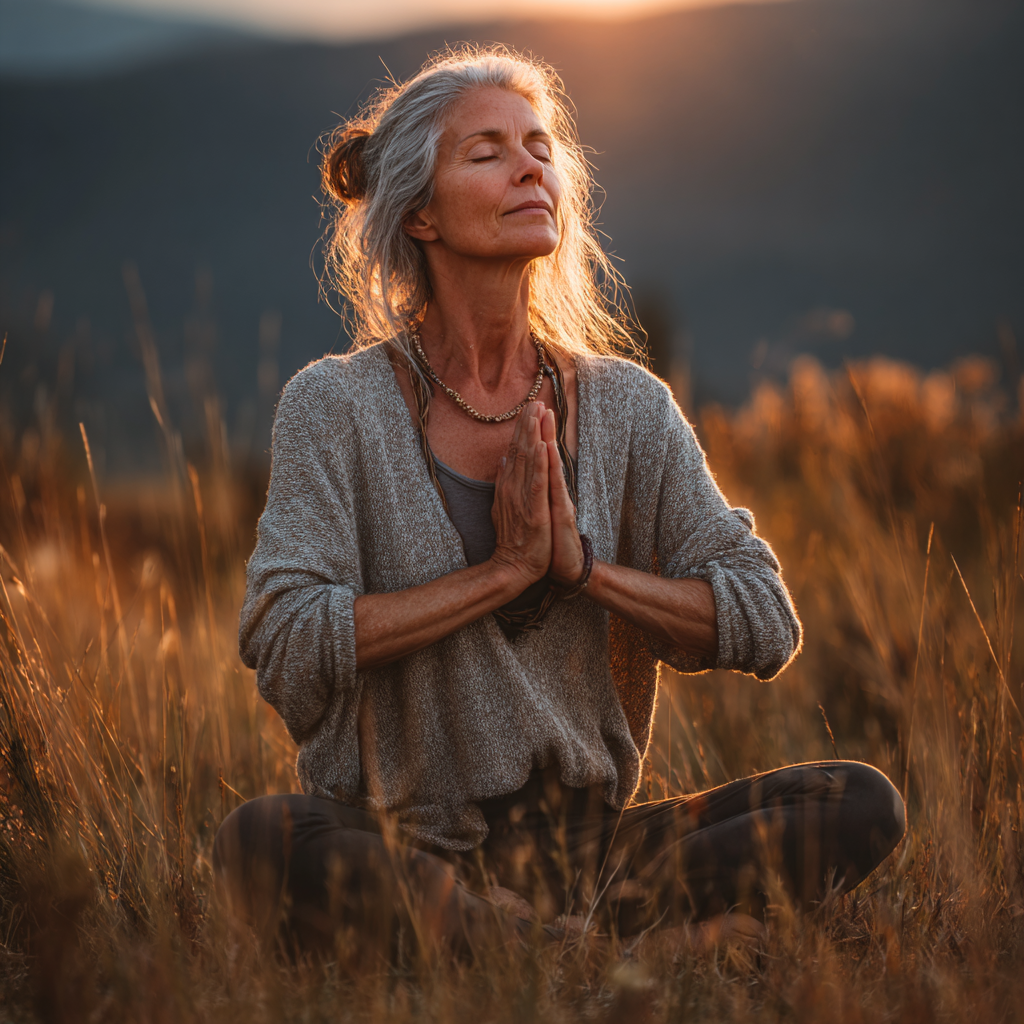 mature woman practicing yoga pose in peaceful natural setting