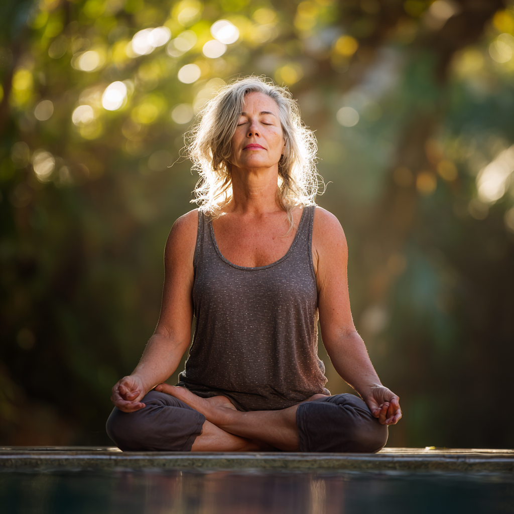 middle-aged woman in peaceful meditation pose in serene environment